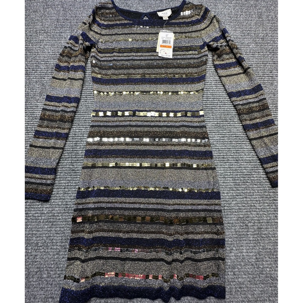 ECI New York Dress Womens Small Blue Gold Metallic Striped Sequin Long Sleeve